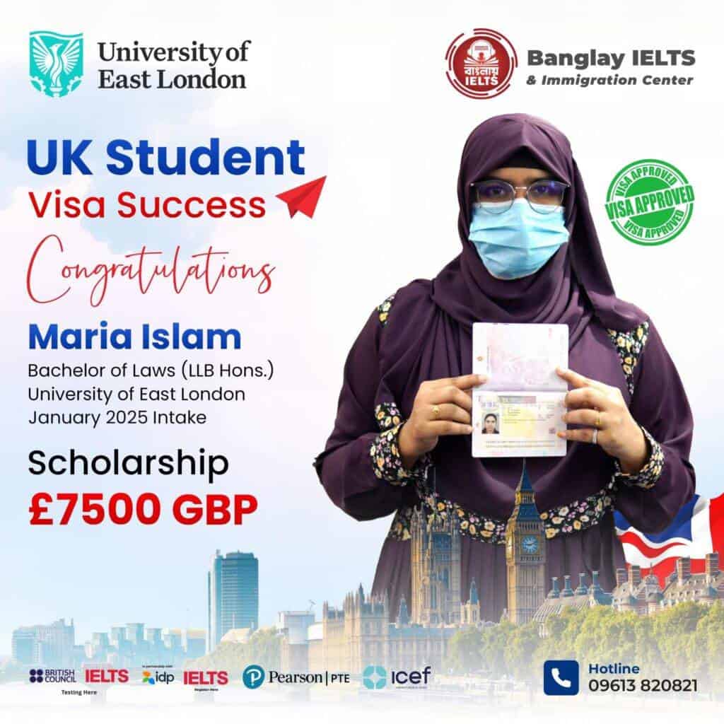 UK student visa success graduation with passport, celebrating Banglay IELTS and University of East London services.